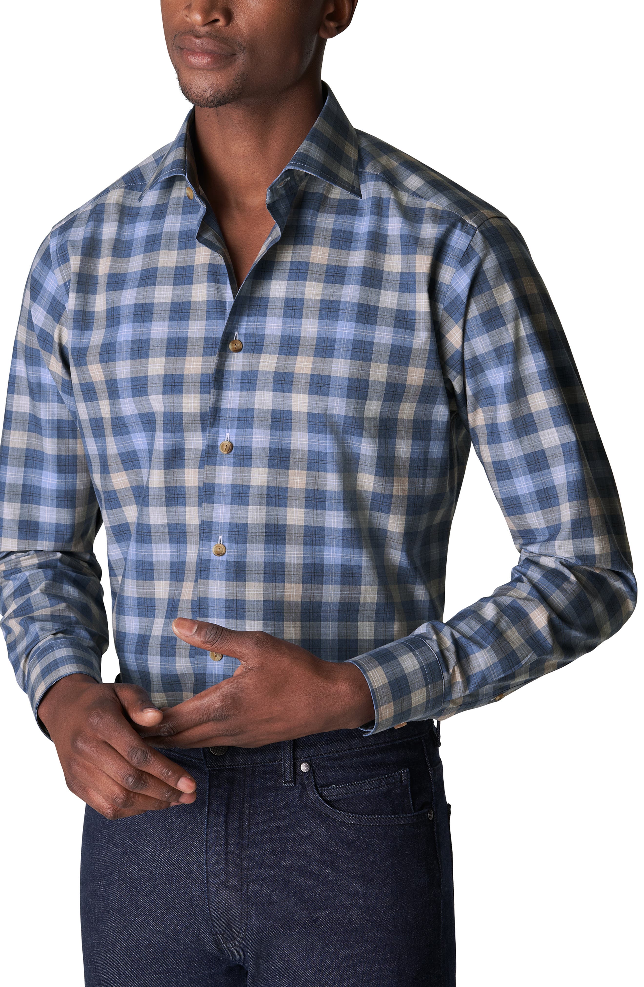 ETON SKY BLUE CHECKED SHIRT WITH DARK BLUE BUTTONS ETON SKY BLUE CHECKED SHIRT WITH DARK BLUE BUTTONS